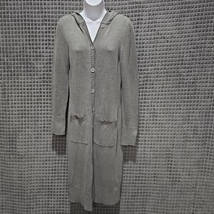 Long Cardigan Sweater Trench Duster SzS Y2K Button Hooded Gray Boho Chic Preppy